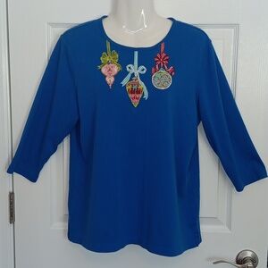 Coral Bay Missy Large Women's L Holiday Top Long Sleeve Blue Embroidered